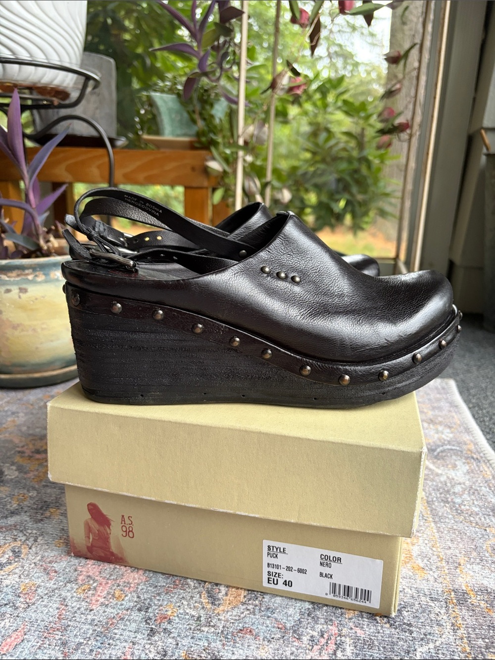 Women's Black Leather Studded Wedge Clogs